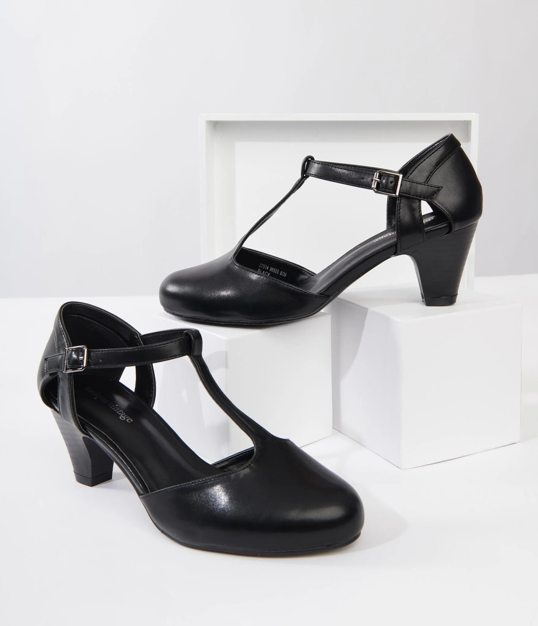 Unique Vintage 1920s Black Leatherette Closed Toe T-Strap Roxy Pumps | UniqueVintage