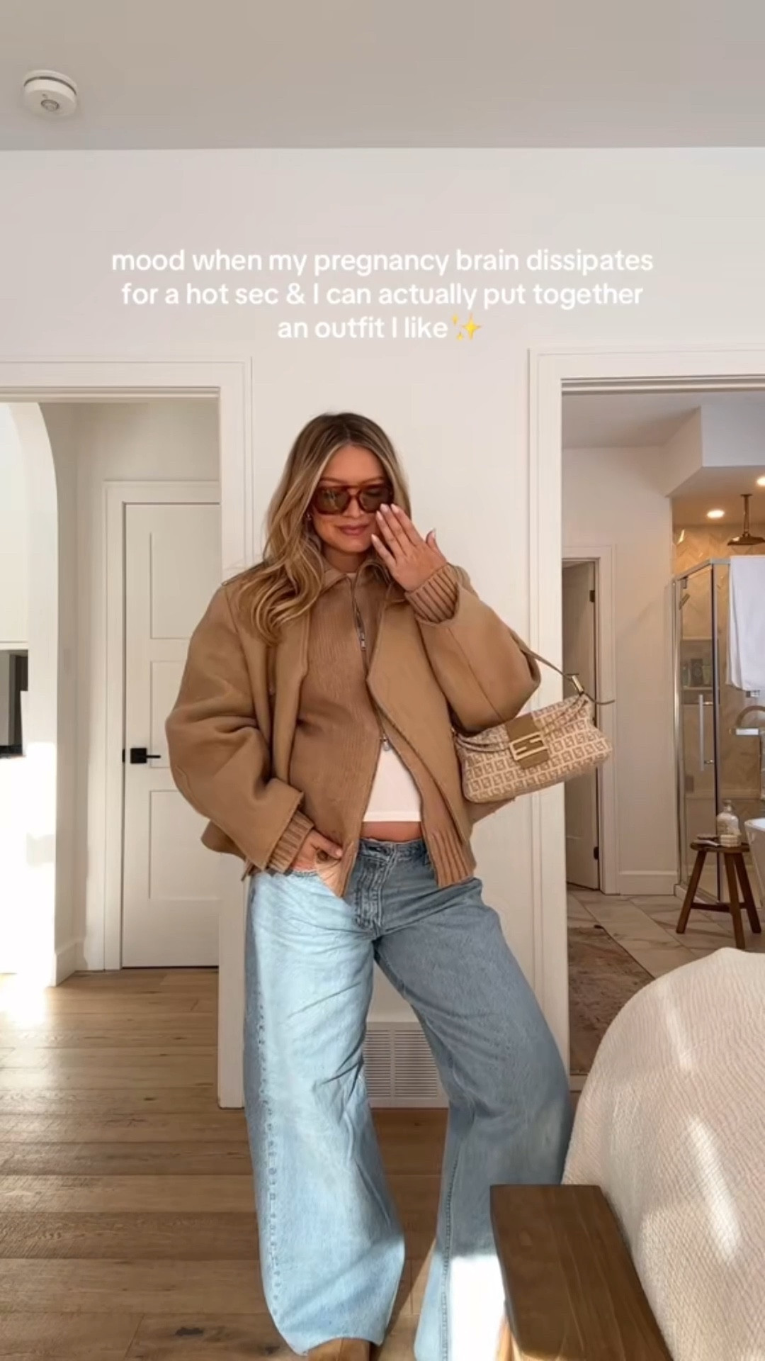 the struggle is real sometimes, but loving camel & baby blue for an early spring outfit colour combo! 🩵✨ wearing size small in sweater (20% off today with code HAPPY20) size 30 in jeans (non pregnant I’d be 26) 

#LTKspring #LTKsale #LTKmaternity
