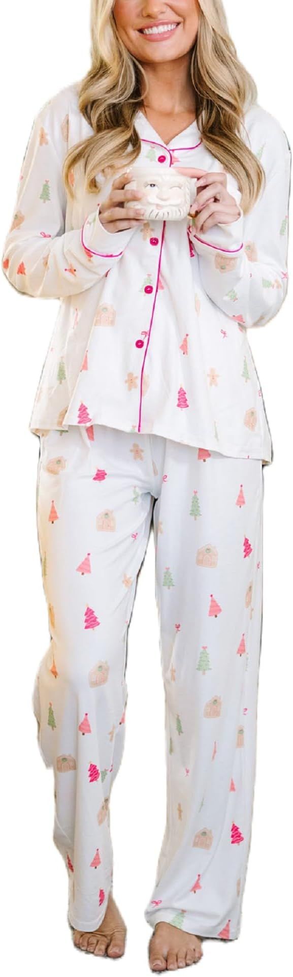 Luckinbaby Women Christmas Pajamas Sets Xmas Long Sleeve Pants Pjs Sleepwear Santa Claus Printed ... | Amazon (US)