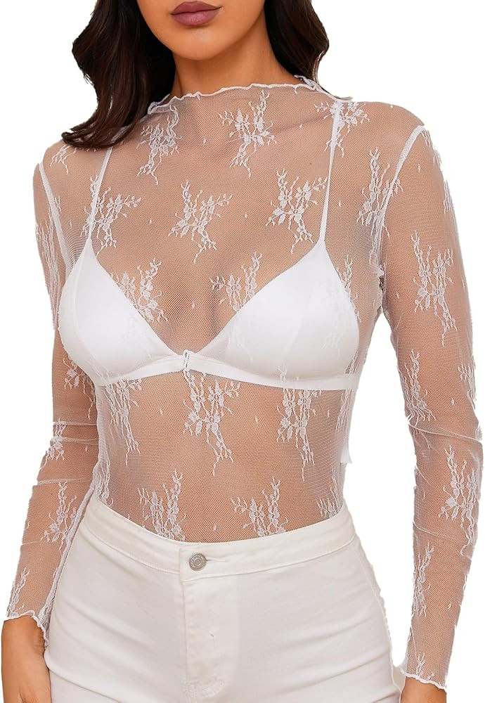SANSTHS Mesh Long Sleeve Blouses, Embroidery Sheer Tops for Women, Lace See Through Top with Mock... | Amazon (US)