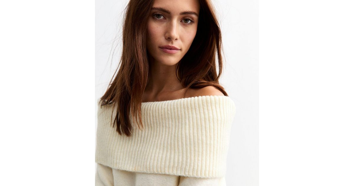 Cream Knit Foldover Bardot Jumper | New Look | New Look (UK)