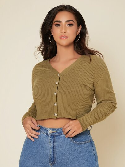 SHEIN Plus Ribbed Knit Button Up Cardigan | SHEIN