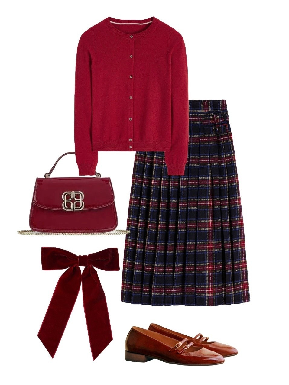 AW has never been cuter! Partner this NEW autumn/winter navy and bugundy wool tartan kilt midi skirt and burgundy cashmere cardigan by Boden with the NEW Annabelle Burgundy Patent leather bag from LK Bennett, adorable Burgundy patent flat Mary Janes from Sezane and finish with a burgundy velvet hair bow by Fat Face. Channelling the British school girl, you can even add white ankle socks! 

#LTKuk #LTKautumn #LTKeurope