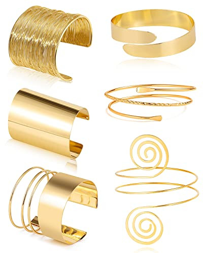 BOMAIL 6 Pieces Arm Cuff Upper Arm Band Cuff Bracelet Minimalist Simple Swirl Open Wide Wire Bracelets for Women Adjustable Arm Bangle Bracelets Set | Amazon (US)