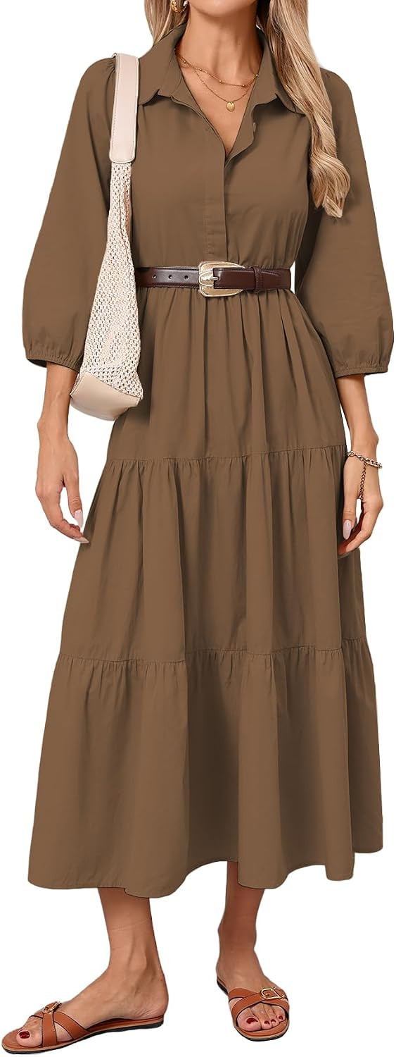 Women Button Down Maxi Shirt Dress Long Sleeve Flowy Tiered Collared Dresses with Pockets | Amazon (US)