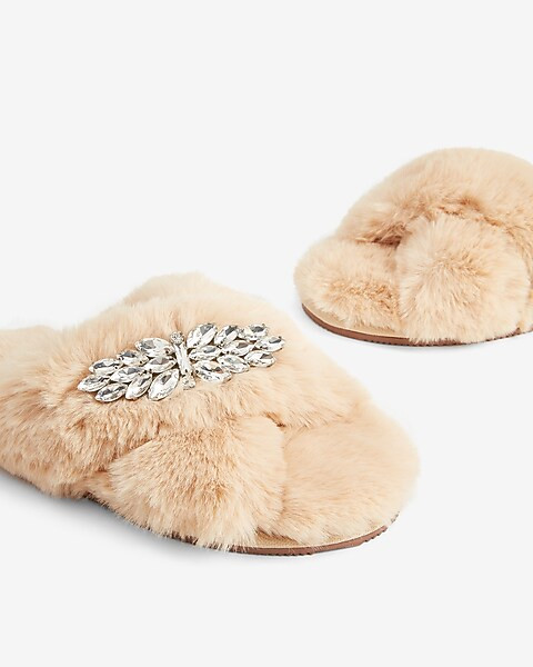 Faux Fur Removable Brooch Slippers | Express