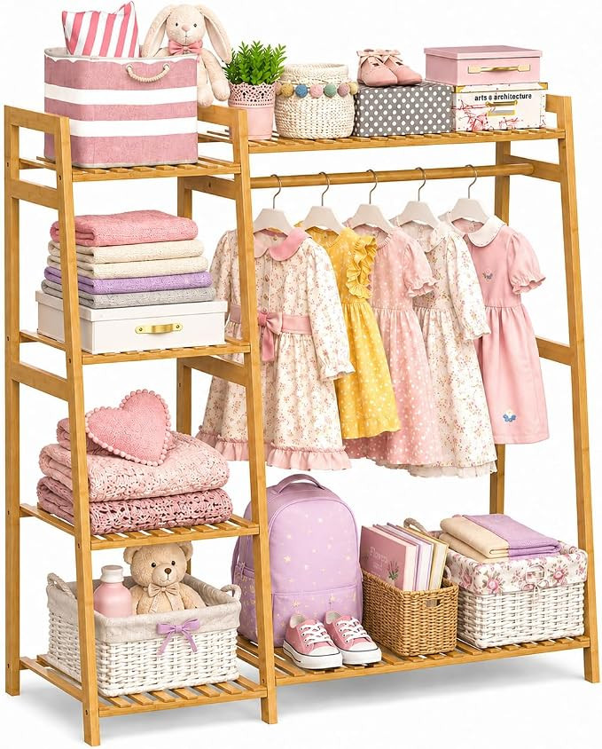 Kids Clothing Rack with Shelves, Bamboo Clothes Garment Rack for Kids Child Baby, Kids Dress Up S... | Amazon (US)