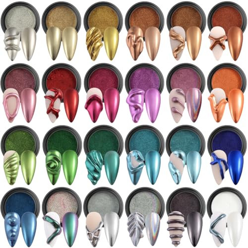 Fcozpjk 24 Colors Chrome Nail Powder Set Metallic Mirror Effect Gold Silver Pink Chrome Nail Powder White Pearl Iridescent Multi Chrome Powder for Nails Chameleon Rubbing Pigment Manicure Supplies | Amazon (US)