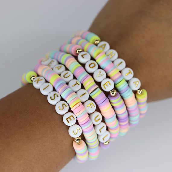 Custom bead name bracelet, Easter basket stuffer, Easter gift bracelets,party gift favor for girl... | Etsy (US)