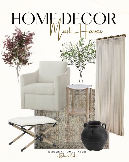 Home decor must haves! This dDecor is classic and beautiful! Cream swivel chair, upholstered stools and bench, pinch pleat curtains, spring florals and greenery, vases and rugs

#LTKstyletip #LTKMostLoved #LTKhome