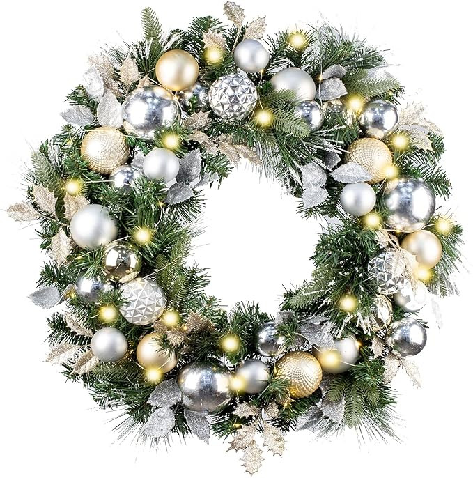 WANNA-CUL Pre-Lit 30 Inch Large Christmas Wreath for Front Door with 50 Led Lights,Champagne Gold... | Amazon (US)