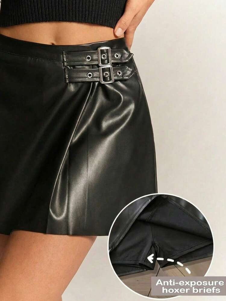 Radiana Women's Solid Color Waist Buckle Design PU Leather Fashion Skirt | SHEIN