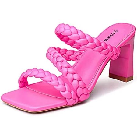 Women s Braided Square Heels Sandals Strappy Open Toe Chunky Heel Block High Heel Dress Sandals Mule | Walmart (US)