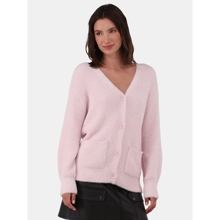 No Boundaries Fuzzy Cardigan Sweater, Women's and Women’s Plus - Walmart.com | Walmart (US)