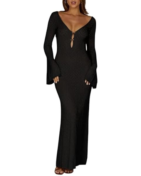 Saodimallsu Womens V Neck Crochet Maxi Dresses Bell Sleeve Bodycon Long Dress Hollow Out Summer B... | Amazon (US)
