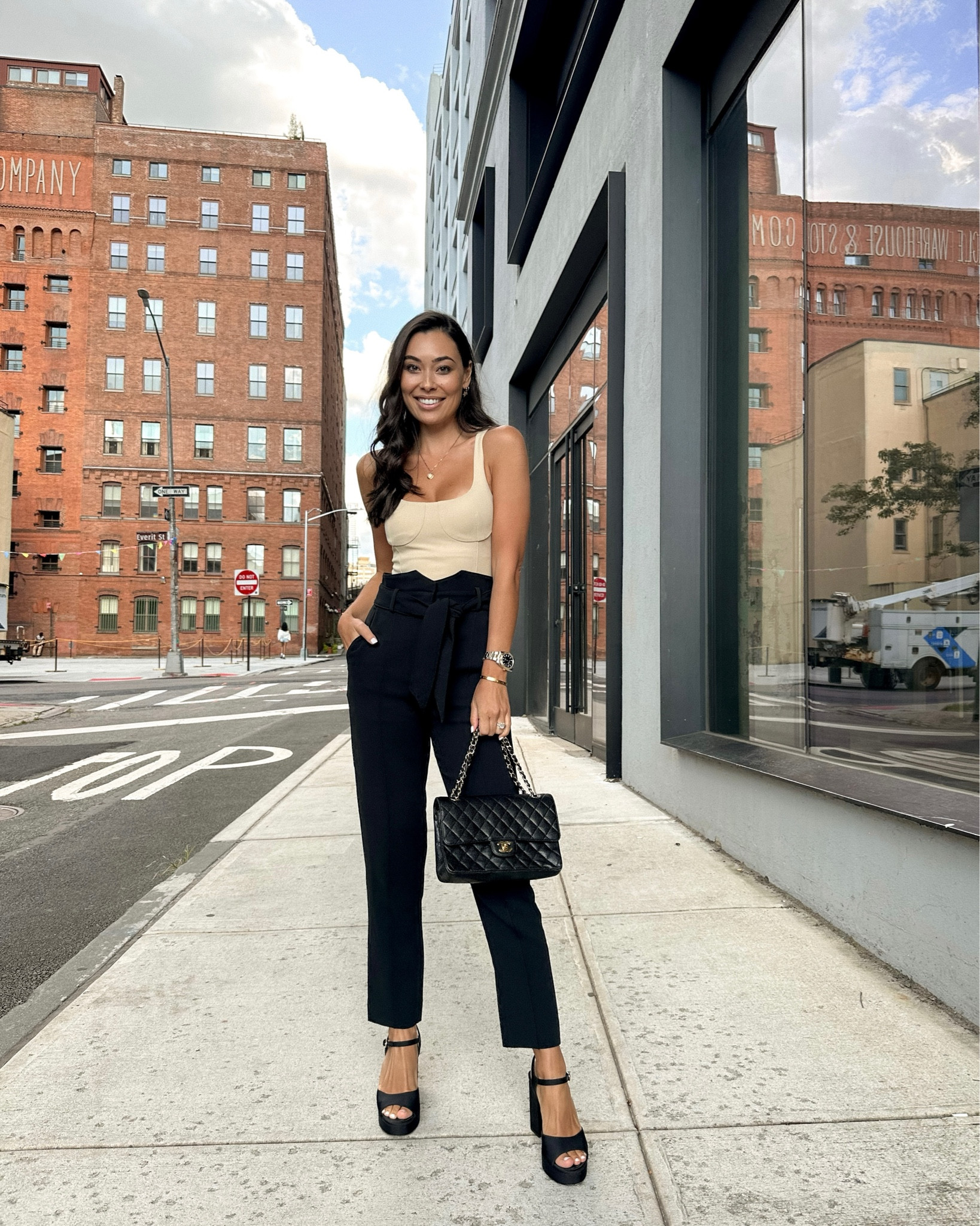 Kat Jamieson wears a nude bodysuit, old Jonathan Simkhai trousers (similar below) and Chanel heels (similar below.) 

#LTKitbag #LTKSeasonal