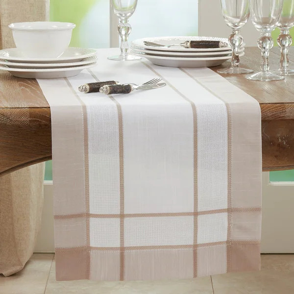 Long Table Runner With Banded Border Design - Natural - 16"x72" | Bed Bath & Beyond