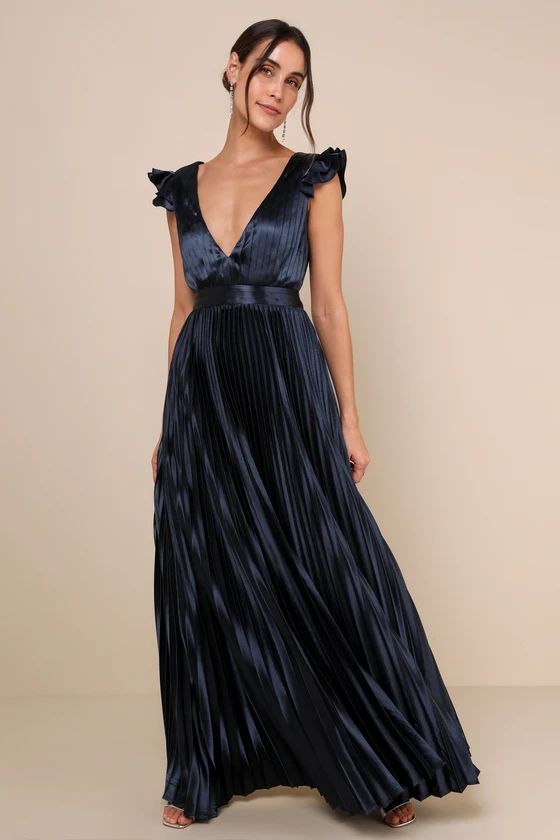 Exceptional Drama Navy Blue Satin Lace-Up Pleated Maxi Dress | Lulus