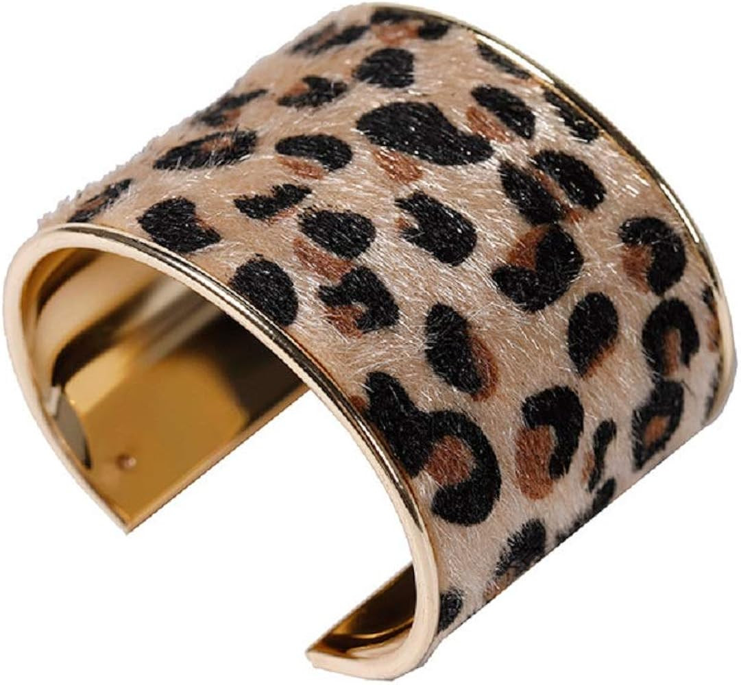 The Woo's Leopard Cuff Bracelet Horse Hair Leather Wide Gold Open Bangle Bracelets Wide Cuff Leop... | Amazon (US)