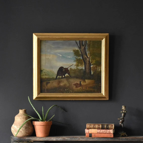 19th Century Naive Oil On Panel Of Dog With Pheasant | Etsy (US)