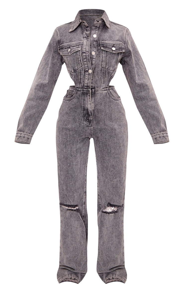Petite Washed Grey Denim Cut Out Jumpsuit | PrettyLittleThing US