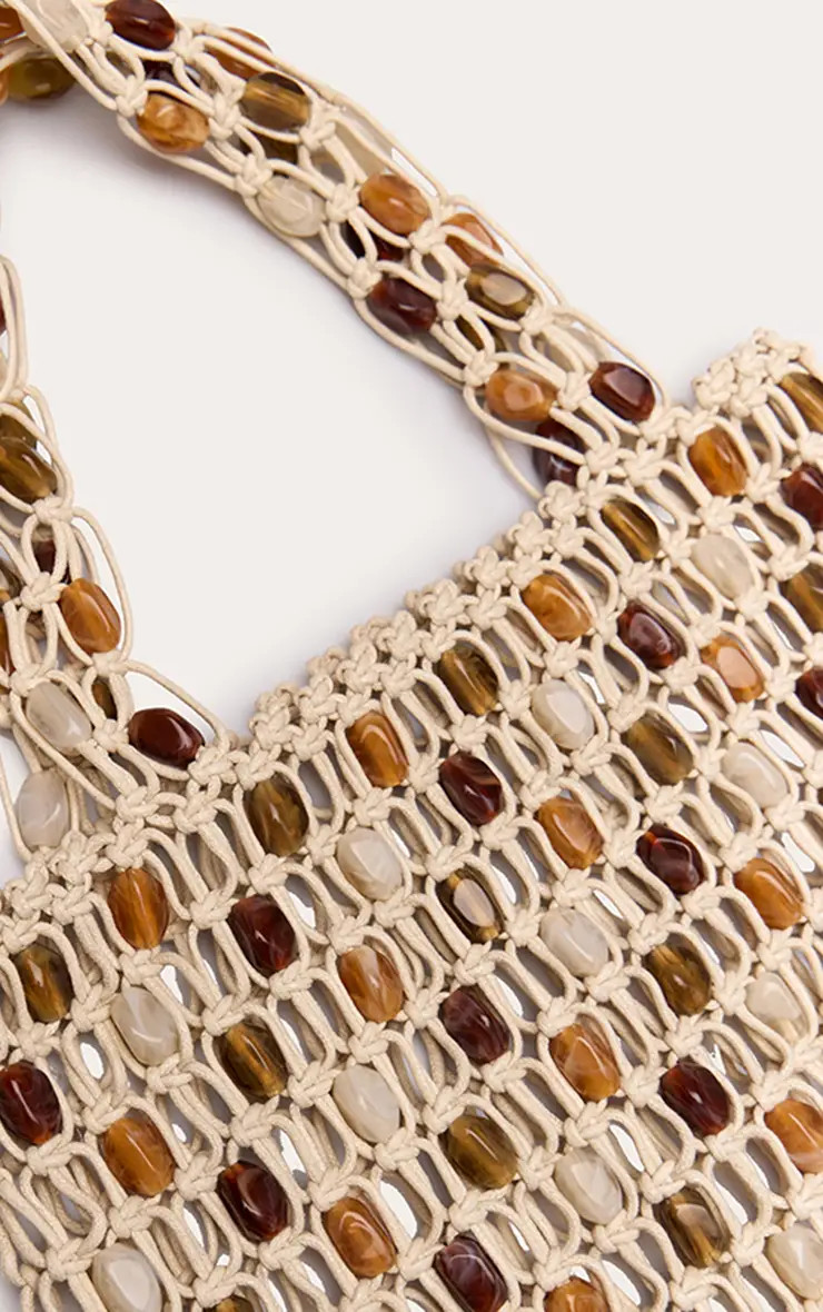 Cream PrettyLittleThing Macrame Beaded Tote Bag | Boohoo | Boohoo.com (UK & IE)