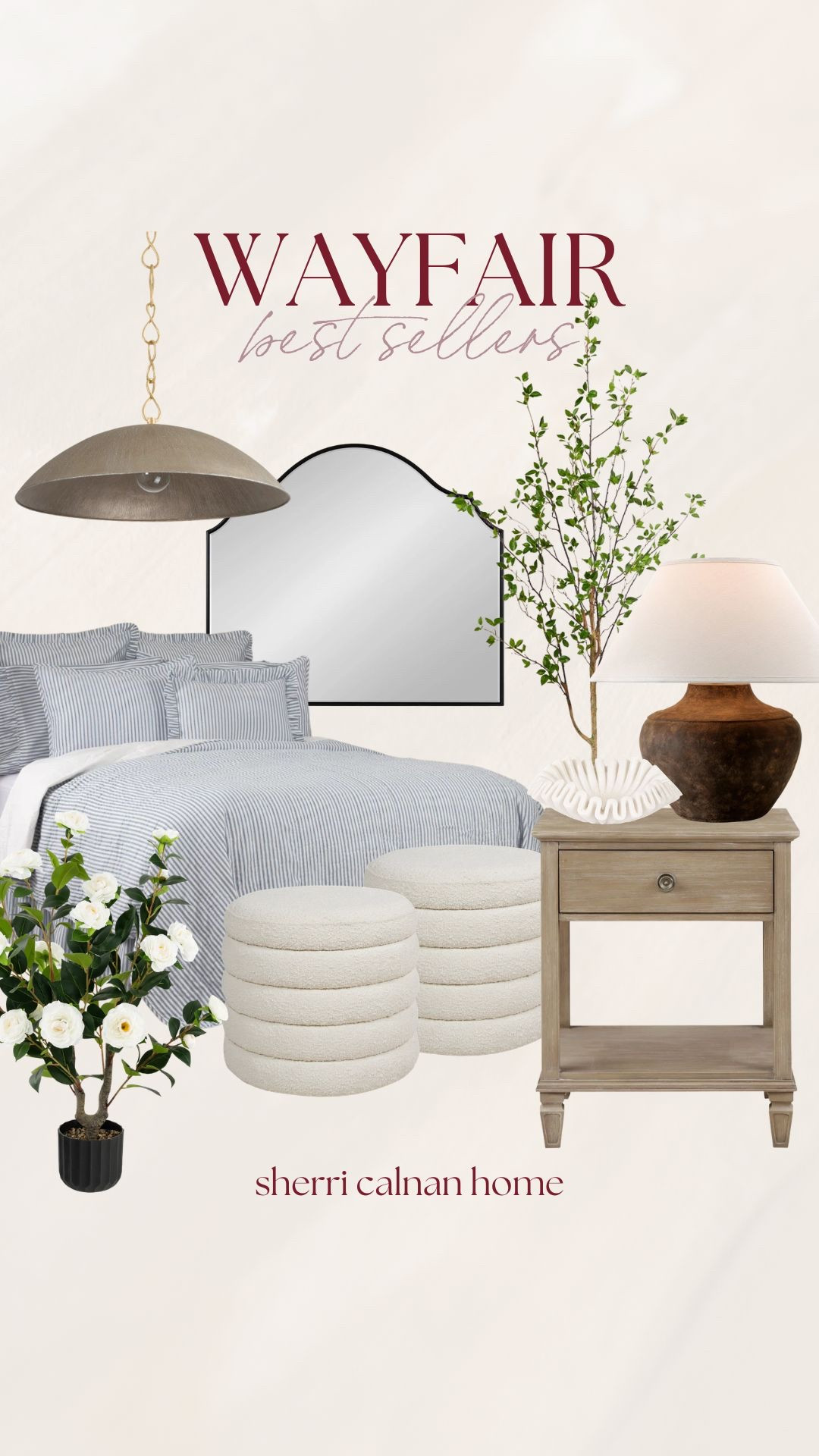 Wayfair best sellers featuring striped bedding, neutral nightstand, modern pendant light, arched mirror, textured ottomans, and classic bedroom accents for a soft layered look.

Wayfair bedroom decor, striped bedding set, neutral nightstand table, modern pendant lighting, arched wall mirror, textured ottoman stools, cozy bedroom styling, affordable bedroom refresh, classic neutral home decor, sherricalnanhome

#LTKSeasonal