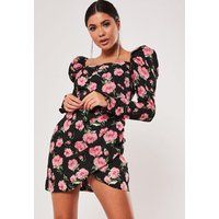 Black Floral Print Puff Sleeve Wrap Mini Dress | Missguided (US & CA)