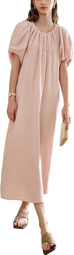 Puff Sleeve Loose Maxi Dress for Women, Summer Autumn Elastic Crew Neck Light Pink Pleated Casual... | Amazon (US)