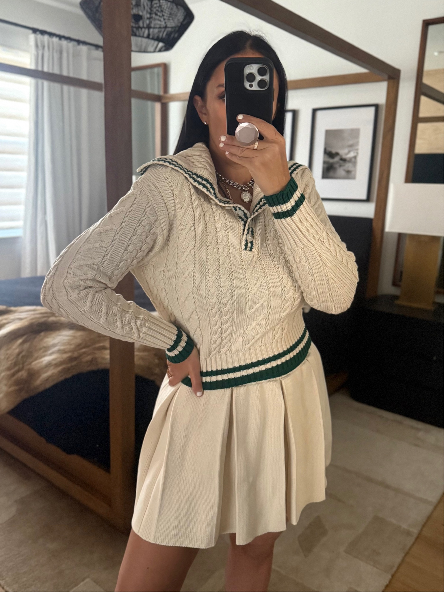 Cable Knit Sweater wearing size small. Box pleat knit mini skirt wearing size medium. 