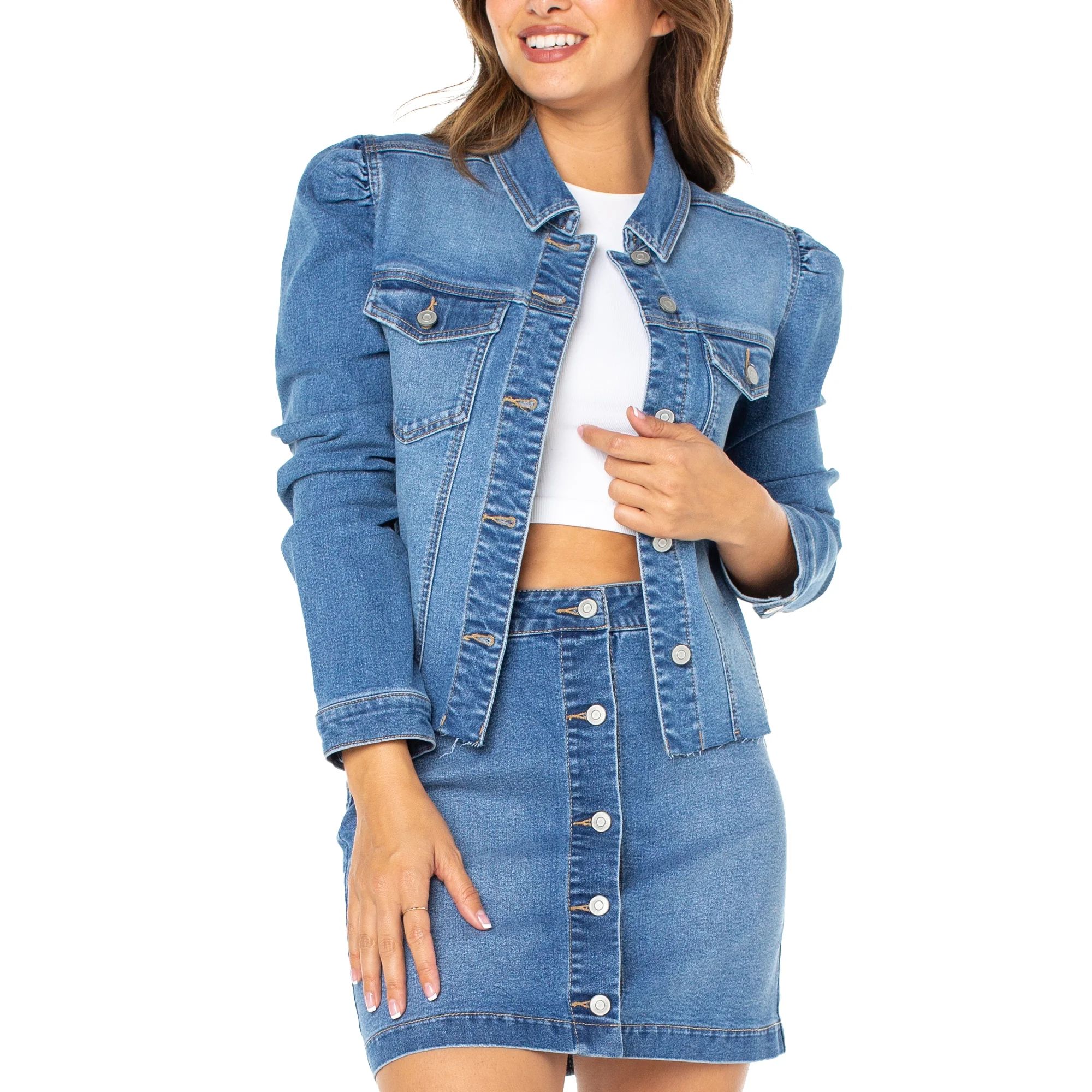 Celebrity Pink Juniors’ Puff Sleeve Denim Jacket, Sizes XS-XXXL | Walmart (US)