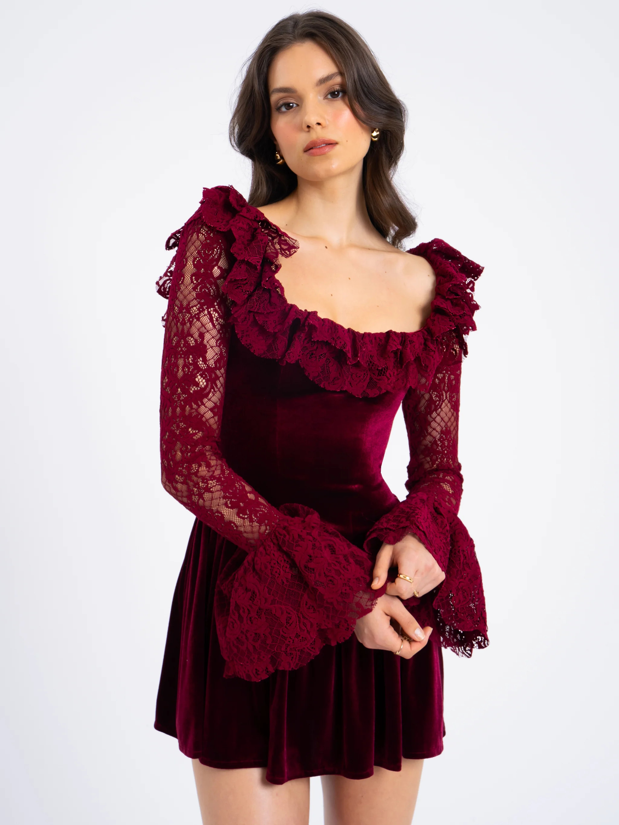 Yachira Burgundy Velvet Lace Flare Sleeve Mini Dress | Miss Circle