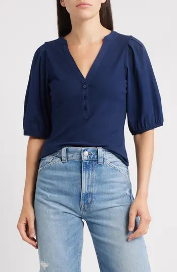 Madewell Puff-Sleeve Henley Knit Top in Midnight Navy at Nordstrom Rack, Size X-Small | Nordstrom Rack
