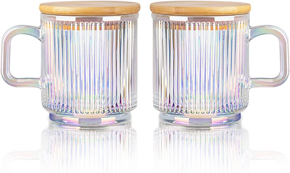 Joeyan Iridescent Glass Coffee Mugs Set of 2-11.5 oz Striped Coffee Cups with Lid - Large Drinkin... | Amazon (US)