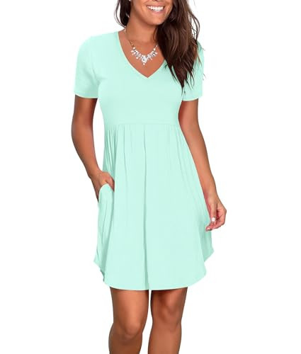 Nova In Sky Women's 2026 Summer Swing Mini Dress with Pockets Casual Short Sleeve V Neck Pleated Mini Beach Sun Dresses Mint Green B S | Amazon (US)
