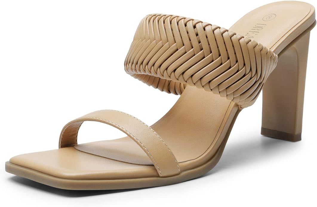 DREAM PAIRS Women's Square Toe Heels for Women Braided Open Toe Two Strap Slip on Heels Chunky Mu... | Amazon (US)