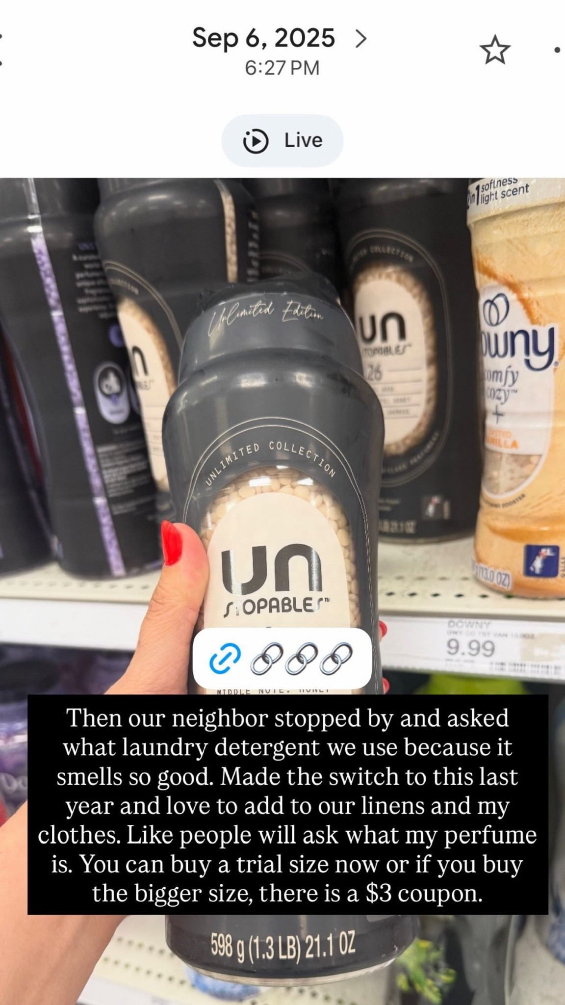 Another laundry favorite of ours is this scent booster to pair with our detergent. This one has notes of rose, honey, and oak moss, and it smells AMAZING. Like I’ve actually been complimented and asked what fragrance I’m using just from wearing clothes that I washed with this. There’s currently a $3 coupon for the full size (21 oz) and a $2 coupon for the 10 oz size.