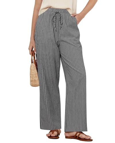 GRAPENT Grey Pants for Women Wide Leg Cotton Pants for Women Women's Wide Leg Comfy Womens Trousers Trouser Gray Black Stripe Size Small US 4 to 6 | Amazon (US)