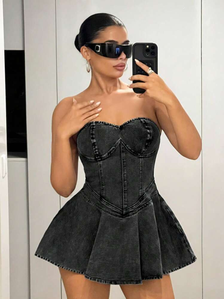 SHEIN ICON Women's Minimalist Short Denim Bandeau Dress, Casual Daily Wear | SHEIN