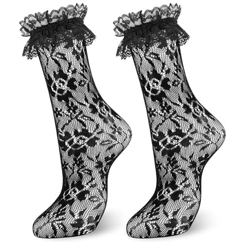 MKYSZLT Women Black Lace Ruffle Socks Frilly Dress Socks Sexy Mesh Lace Trim Lolita Sock Lacy Ruffled Boot Ankle Sock for Woman | Amazon (US)