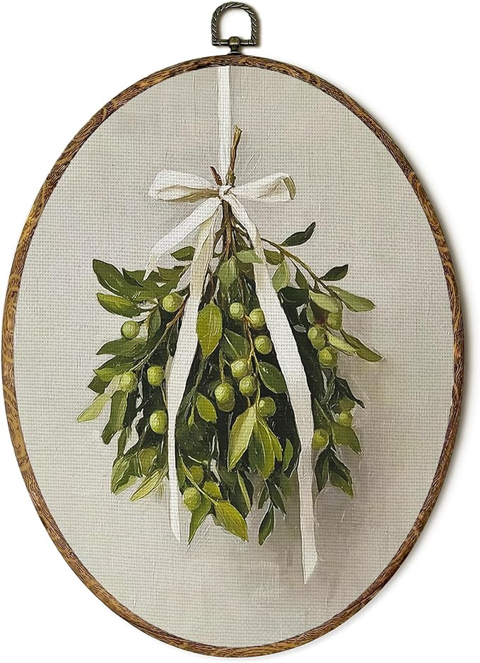 FSTCSV Neutral Mistletoe Christmas Oval Wall Art Framed, Vintage Winter Mistletoe Canvas Prints W... | Amazon (US)