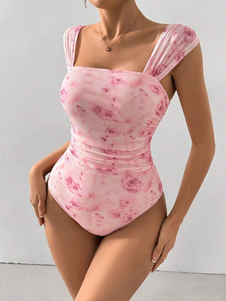 SHEIN Privé Women Floral Ruched Fashion Bodysuit For Spring And Summer | SHEIN
