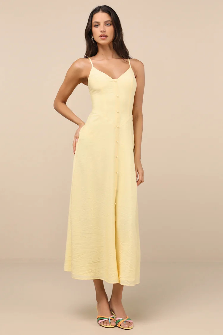 Sanya Light Yellow Button-Front Sleeveless Midi Dress | Lulus