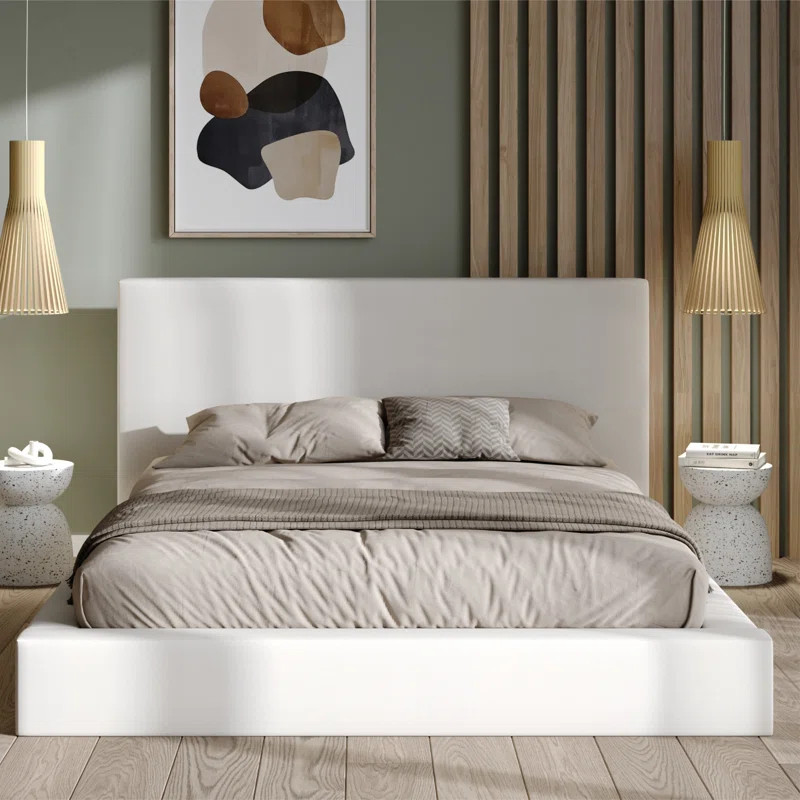Lameir Queen Upholstered Platform Bed Frame Ivory Vegan Leather, Low Profile with Full Slats | Wayfair North America