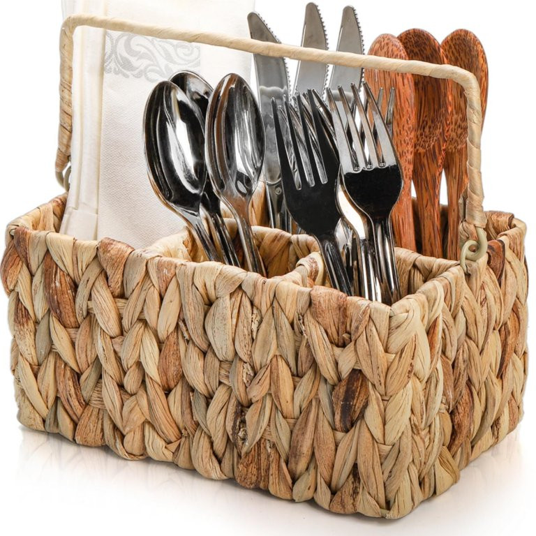 Pumtus Wicker Flatware Organizer, Woven Divided Utensil Caddy, Water Hyacinth Cutlery Holder, Pic... | Walmart (US)