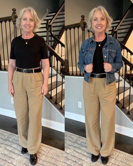 Sunday OOTD - wearing wide-leg casual pants with a slim fit black tee and black loafers. Top with a Levi’s denim jacket. Love my Harlow pants by @madewell 

#LTKover40 #LTKmidsize #LTKxMadewell