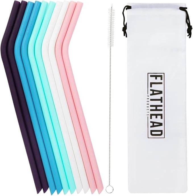 Bent Reusable Silicone Straws (Set of 10) and Cleaning Brush - Flexible, Long, Color Bendy Straws... | Amazon (US)