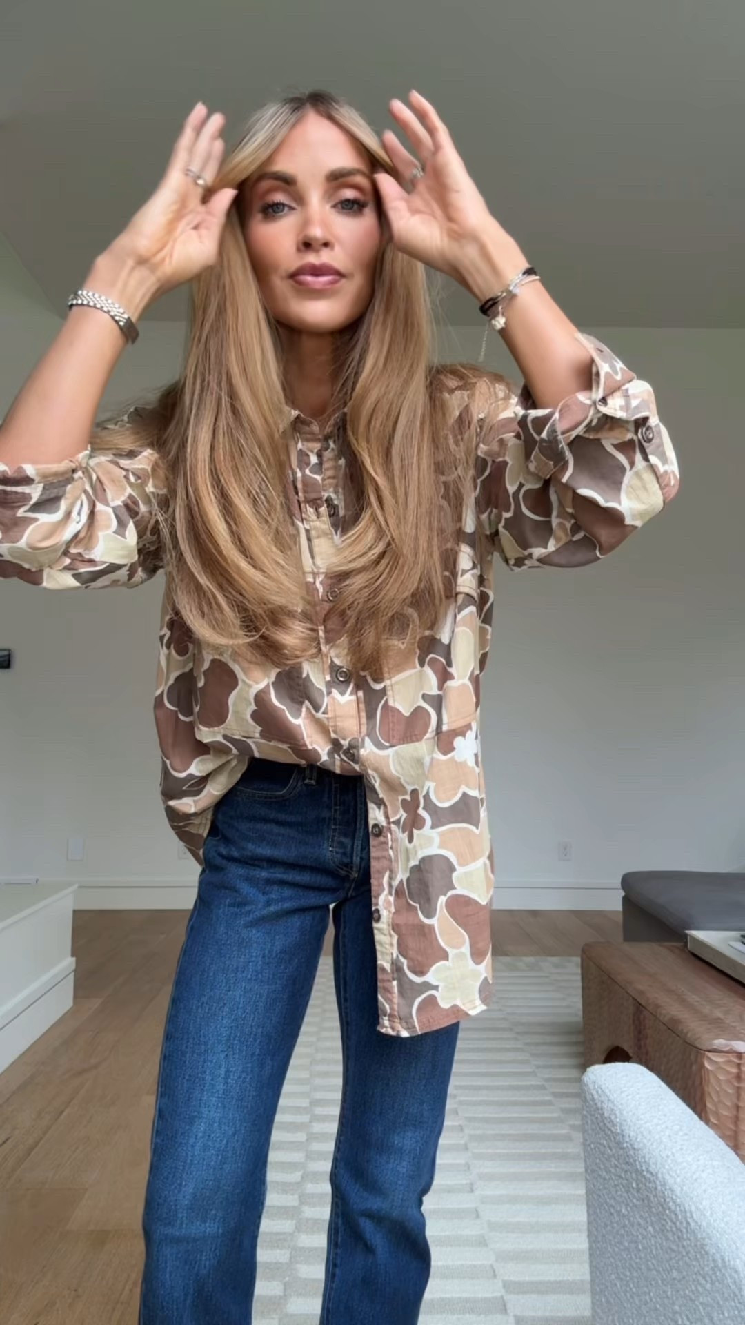 Cute layering again for Fall

Vest small 
Button up xs
Jeans 24
