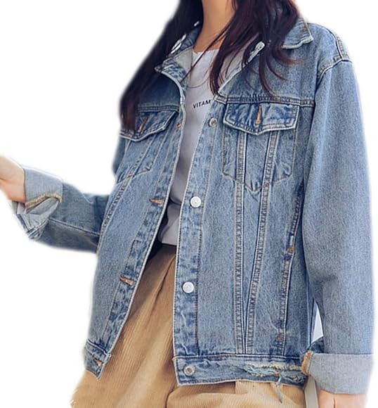 Saukiee Oversized Denim Jacket Distressed Boyfriend Jean Coat Jeans Trucker Jacket for Women Girls | Amazon (US)