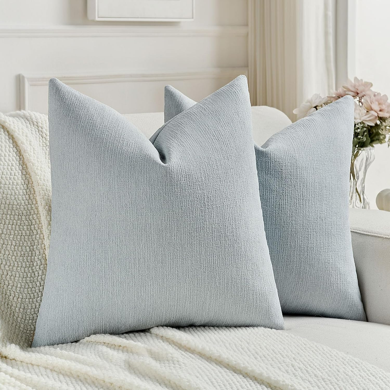 FUTEI Dusty Blue Chenille Decorative Throw Pillow Covers 18x18 Inch Set of 2,Soft Cozy Faux Linen... | Amazon (US)